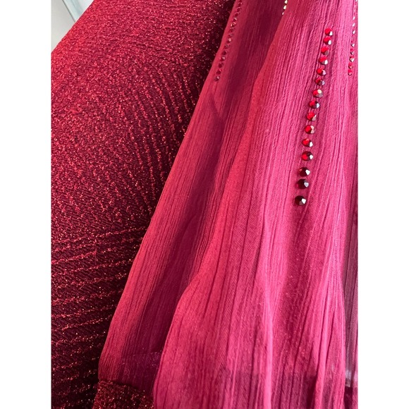 Deep Red Shimmer High Collar Sheer Sleeve Fringe Hem Dress Size M - Picture 6 of 12